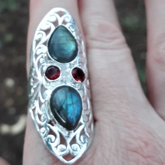 New Oversized Labradorite & Garnet 925 Silver Statement Ring. - Picture 3 of 10
